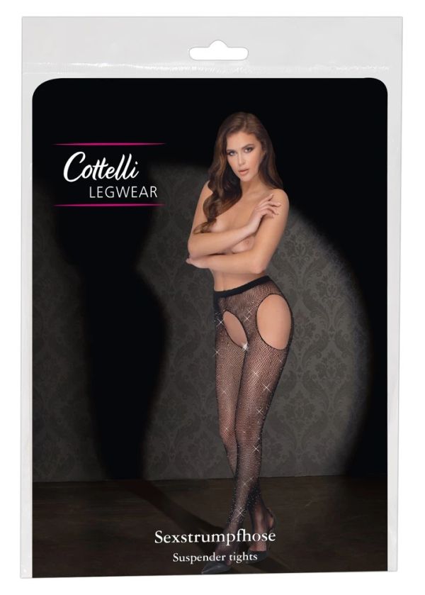 Cottelli LEGWEAR Black Rhinestone Fishnet Suspender Tights S/M