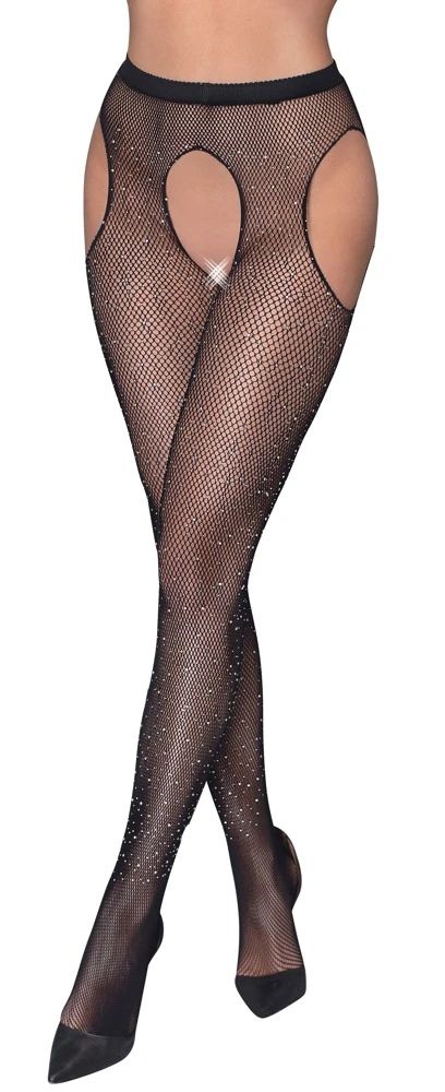 Cottelli LEGWEAR Black Rhinestone Fishnet Suspender Tights S/M