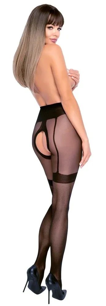 Cottelli LEGWEAR Black Fishnet Crotchless Suspender Tights S/M