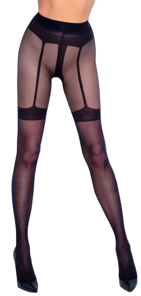 Cottelli LEGWEAR Black Fishnet Crotchless Suspender Tights S/M