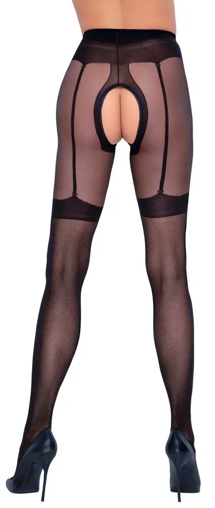 Cottelli LEGWEAR Black Fishnet Crotchless Suspender Tights S/M