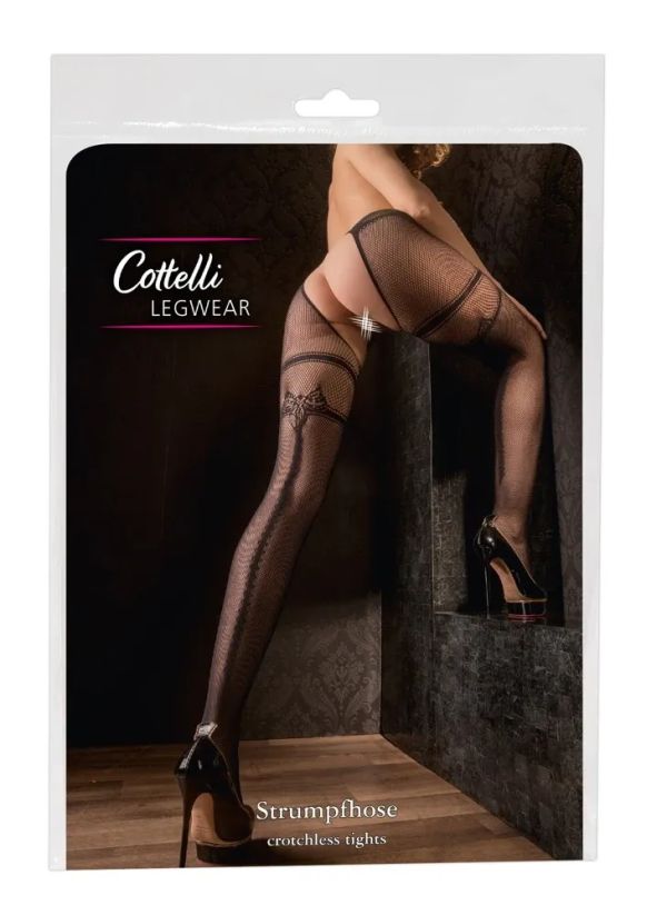 Cottelli LEGWEAR Black Crotchless Fishnet Tights with Back Seam S/M