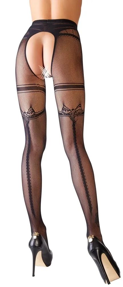 Cottelli LEGWEAR Black Crotchless Fishnet Tights with Back Seam S/M