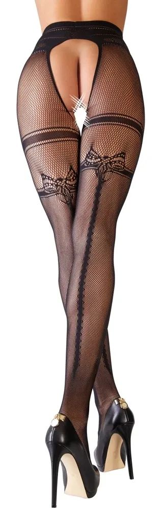 Cottelli LEGWEAR Black Crotchless Fishnet Tights with Back Seam S/M
