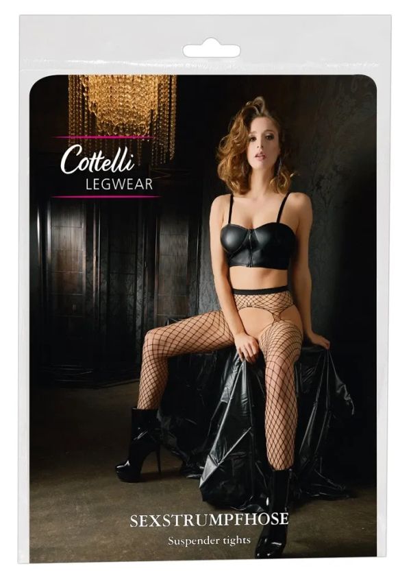 Cottelli LEGWEAR Black Fishnet Suspender Tights with Open Crotch S/M