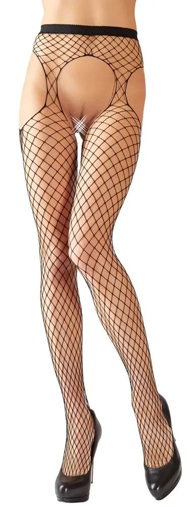 Cottelli LEGWEAR Black Fishnet Suspender Tights with Open Crotch S/M