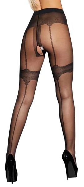 Cottelli LEGWEAR Black Crotchless Suspender Tights with Back Seam S/M