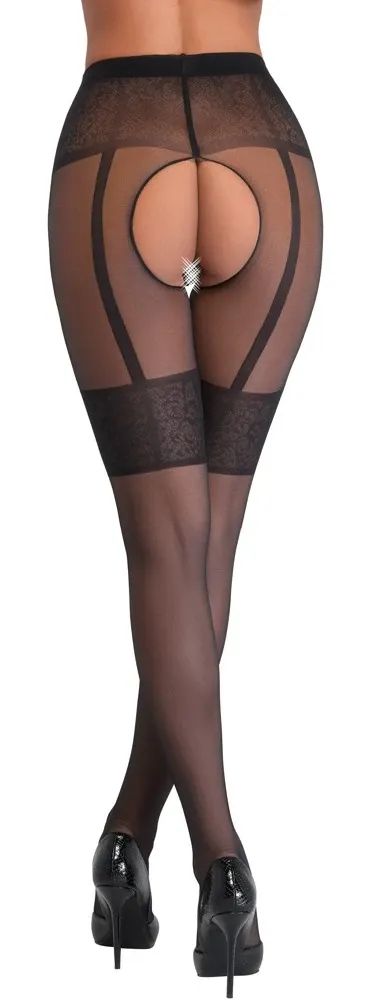 Cottelli LEGWEAR Black Crotchless Tights with Suspender Design S/M