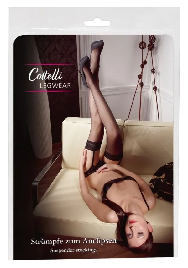 Cottelli LEGWEAR Black Suspender Stockings with Wide Lace Top S/M