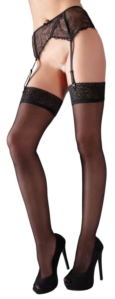 Cottelli LEGWEAR Black Suspender Stockings with Wide Lace Top S/M