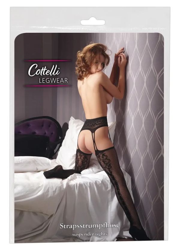 Cottelli LEGWEAR Black Fishnet Crotchless Suspender Tights with Back Detail S/M