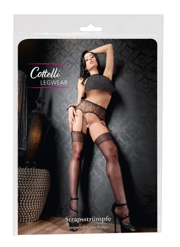 Cottelli LEGWEAR черни 20 DEN чорапи за жартиерен колан с фин блясък S/M