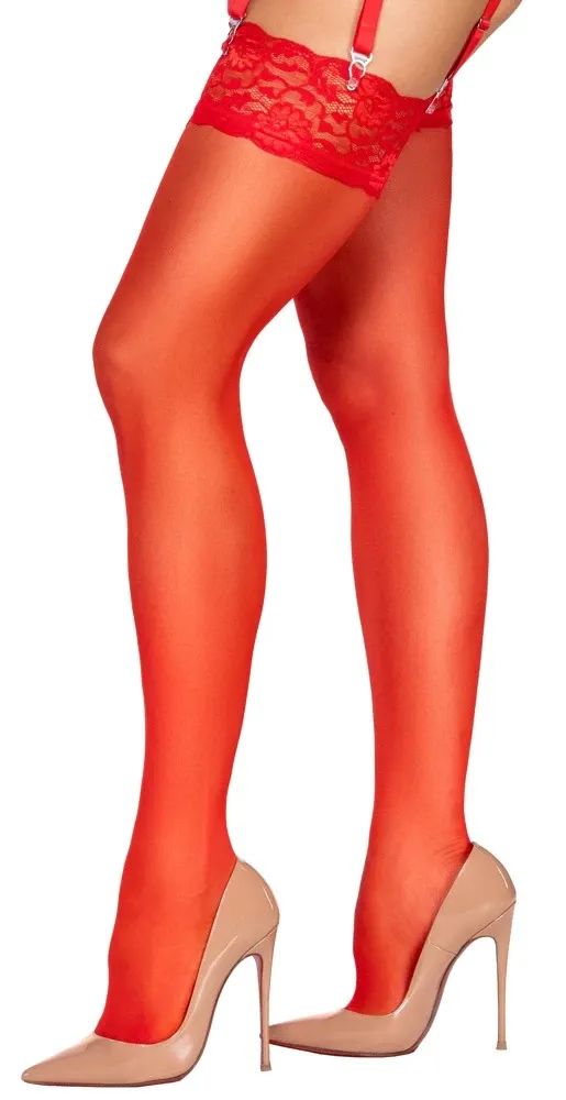 Cottelli LEGWEAR червени 20 DEN чорапи за жартиерен колан с широк дантелен кант S/M