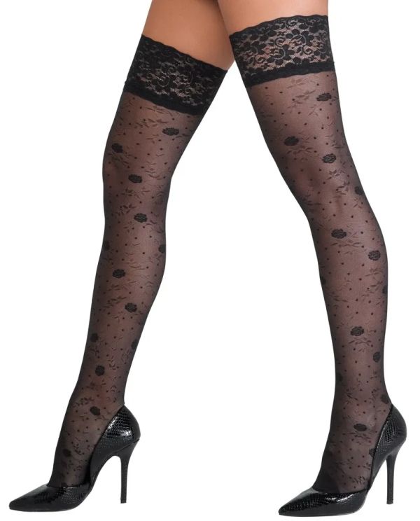 Cottelli LEGWEAR Black 20 Denier Hold-Up Stockings with Rose Pattern and Lace Top S/M