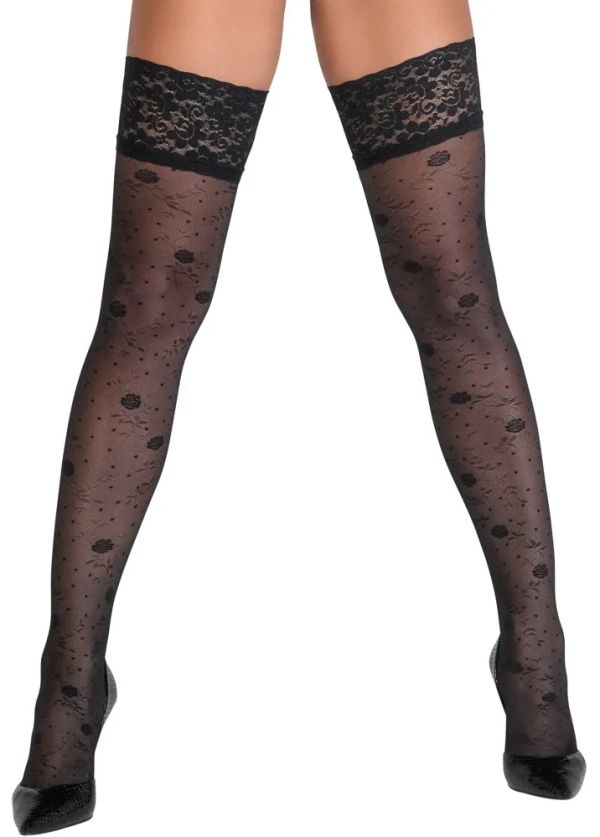 Cottelli LEGWEAR Black 20 Denier Hold-Up Stockings with Rose Pattern and Lace Top S/M