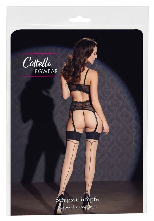 Cottelli LEGWEAR телесни 20 DEN чорапи за жартиерен колан с черен заден шев и панделка S/M