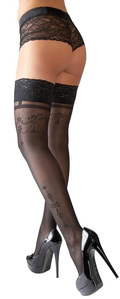 Cottelli LEGWEAR Black Hold-Up Stockings with Lace Top and Decorative Back Pattern S/M