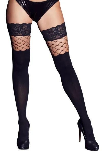 Cottelli LEGWEAR Black 2-in-1 Hold-Up Stockings with Opaque and Fishnet Design S/M