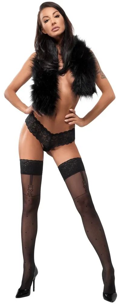 Cottelli LEGWEAR черни самозадържащи чорапи 40 DEN с точки и жартиерен ефект S/M
