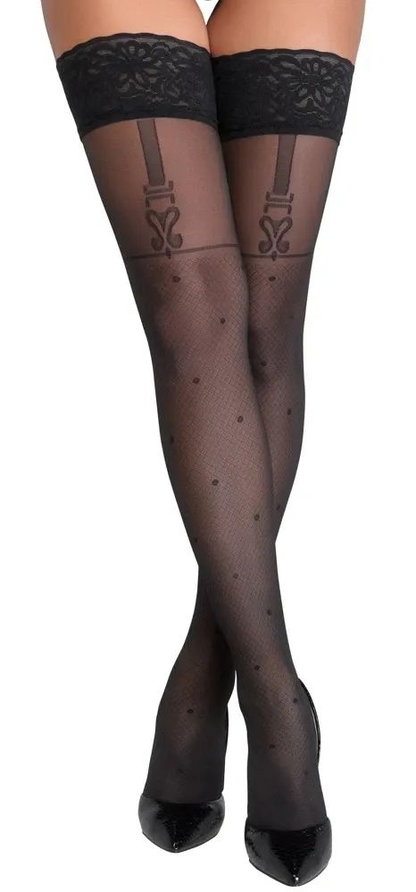 Cottelli LEGWEAR черни самозадържащи чорапи 40 DEN с точки и жартиерен ефект S/M
