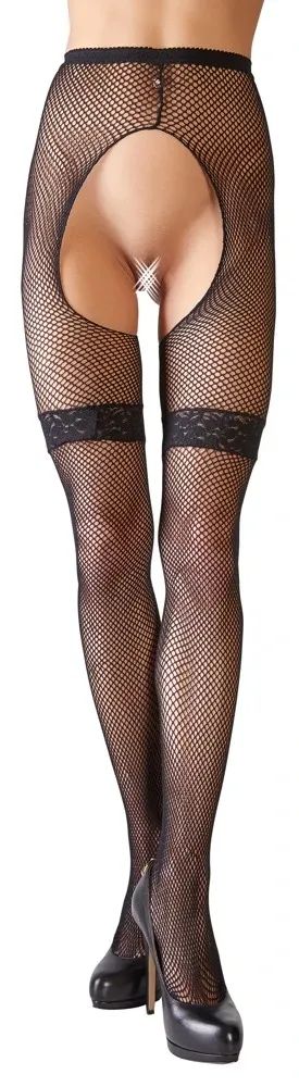 Cottelli LEGWEAR черен мрежест жартиерен чорапогащник с отворено дъно и дантела S/M