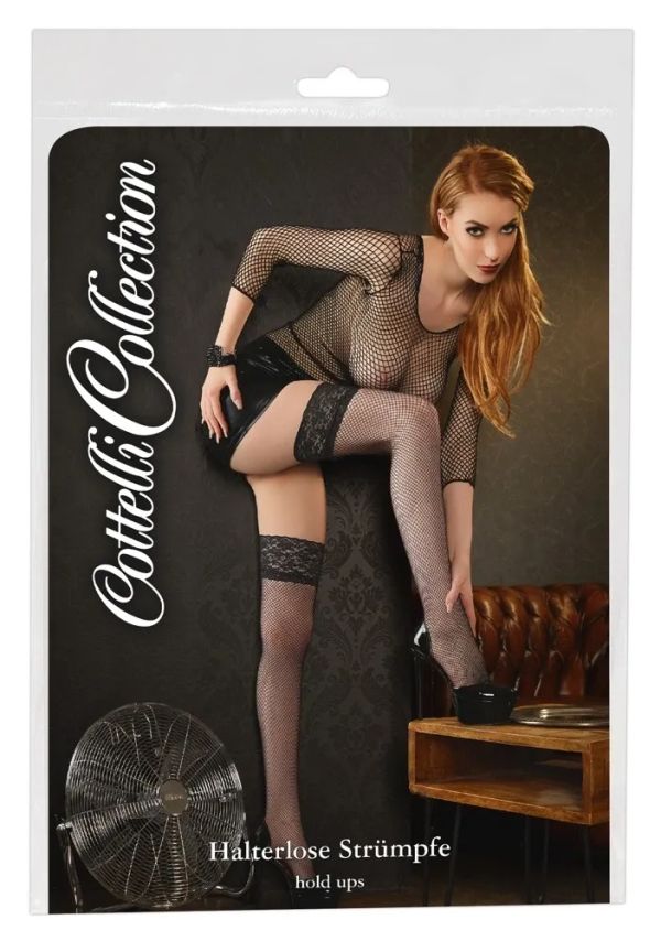 Cottelli LEGWEAR черни самозадържащи мрежести чорапи с 10 см дантелен кант S/M