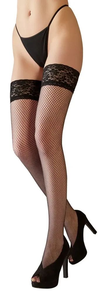 Cottelli LEGWEAR черни самозадържащи мрежести чорапи с 10 см дантелен кант S/M