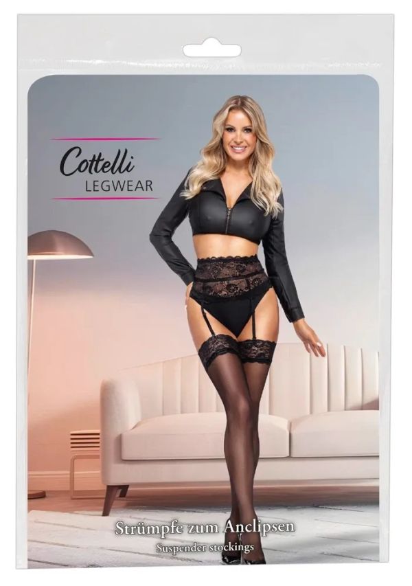 Cottelli LEGWEAR черни 20 DEN чорапи за жартиерен колан с 9 см дантелен кант S/M
