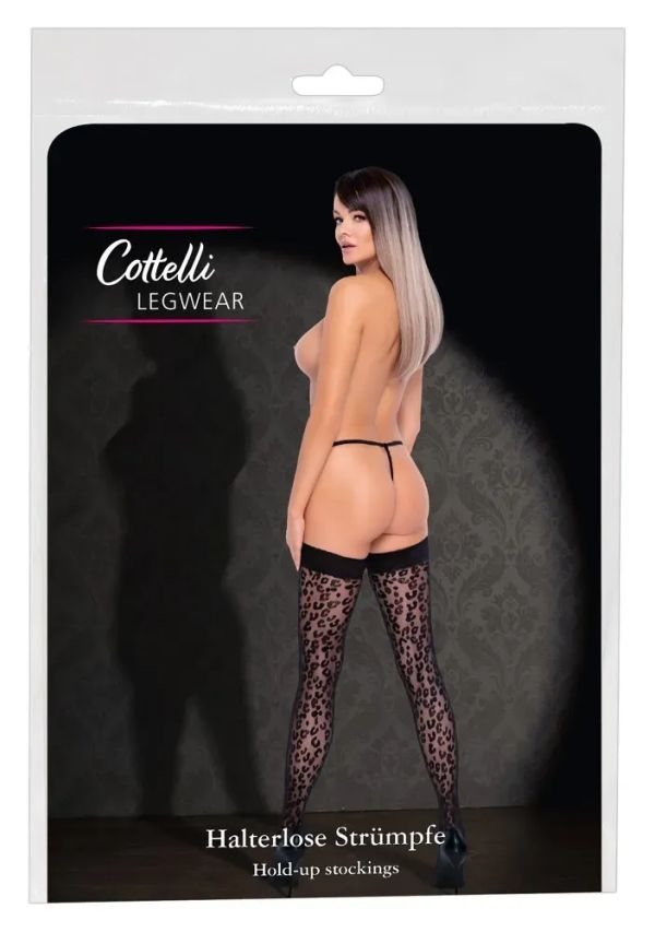 Cottelli LEGWEAR Black 30 Denier Hold-Up Stockings with Leopard Pattern S/M