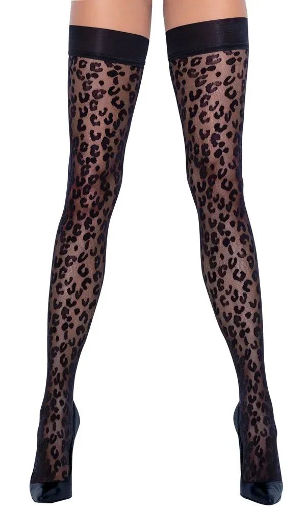 Cottelli LEGWEAR Black 30 Denier Hold-Up Stockings with Leopard Pattern S/M