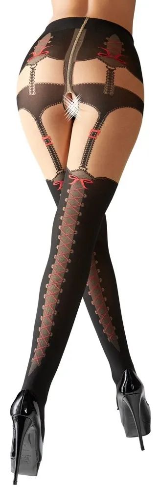 Cottelli LEGWEAR Black Crotchless Suspender Tights with Lace-Up Effect S/M