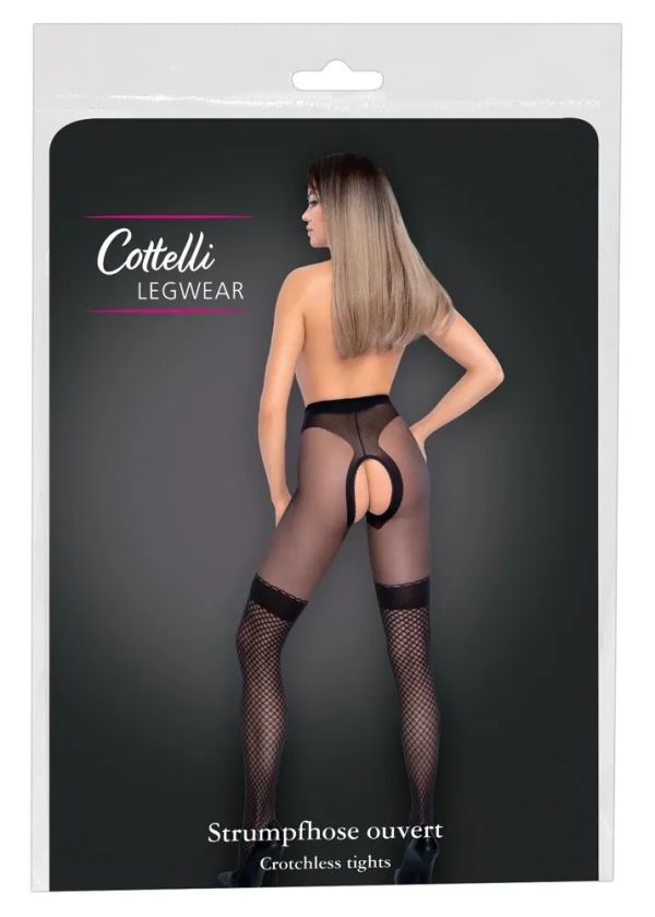 Cottelli LEGWEAR Black 30 Denier Crotchless Tights with Fishnet Overknee Design S/M