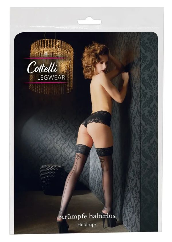 Cottelli LEGWEAR Black Hold-Up Stockings with Lace, Back Seam and Lily Details S/M