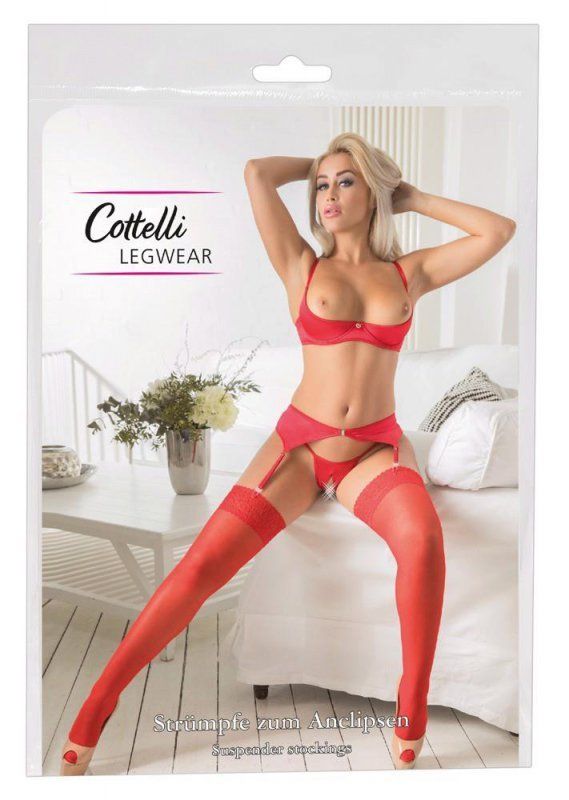 Cottelli LEGWEAR Red 20 Denier Suspender Stockings with 7 cm Lace Top S/M