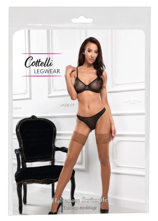 Cottelli LEGWEAR светло телесни самозадържащи чорапи 20 DEN с 9 см дантелен кант S/M