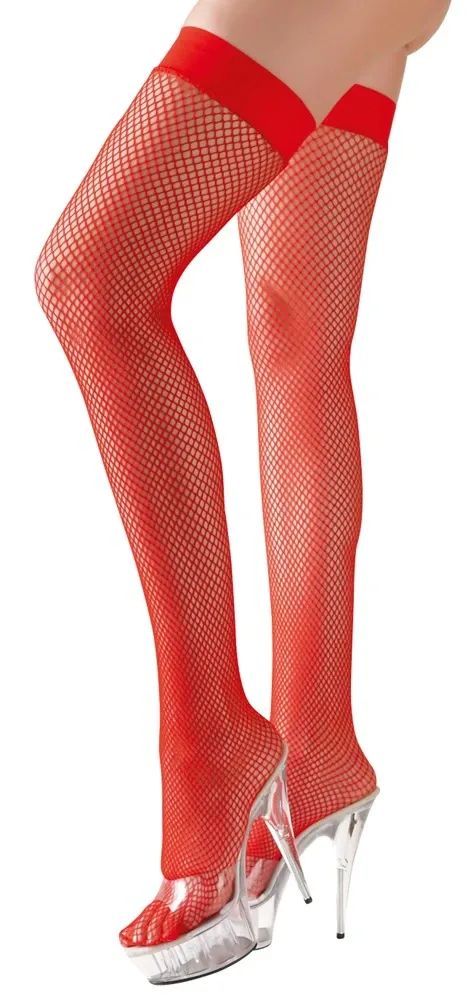 Cottelli LEGWEAR Red Hold-Up Fishnet Stockings with Silicone Top S/M