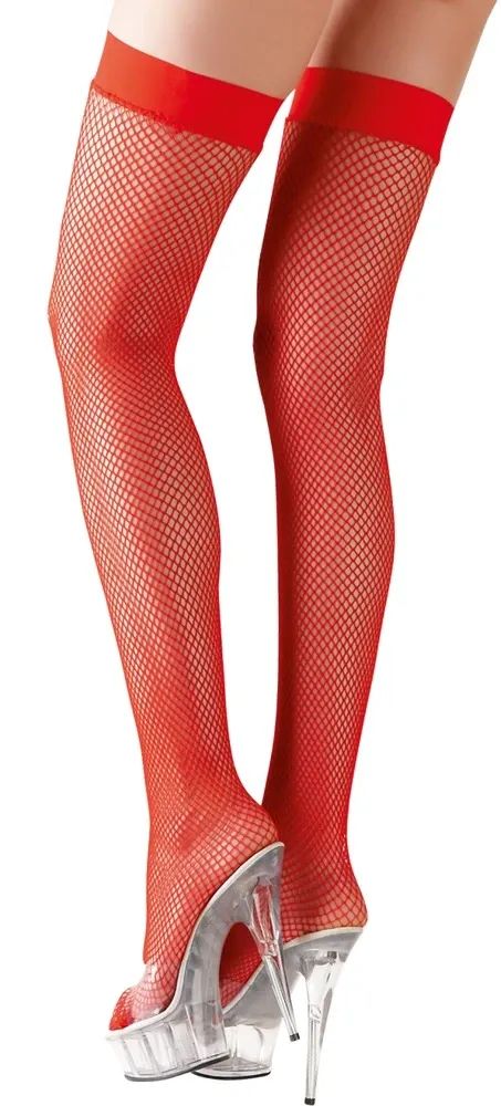 Cottelli LEGWEAR Red Hold-Up Fishnet Stockings with Silicone Top S/M