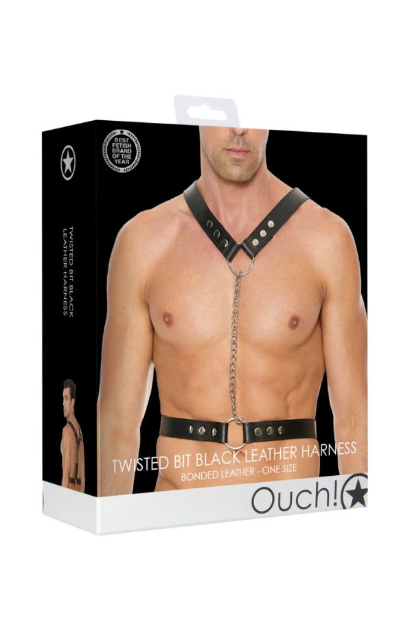 Ouch! Twisted Bit Black Bonded Leather BDSM Harness with O-Rings