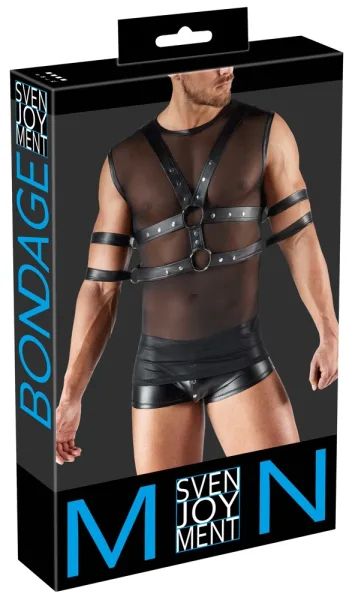 Svenjoyment BONDAGE черен мрежест потник с гръден харнес и 4 маншета S/XL
