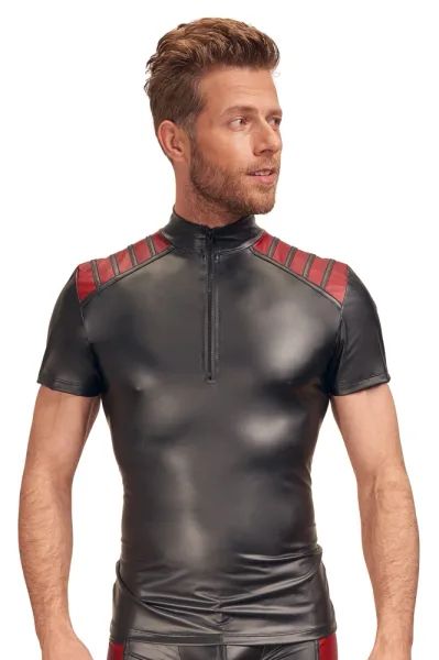NEK Black Men's Matte-Look Shirt with Red Shoulder Inserts and Zip S/XL