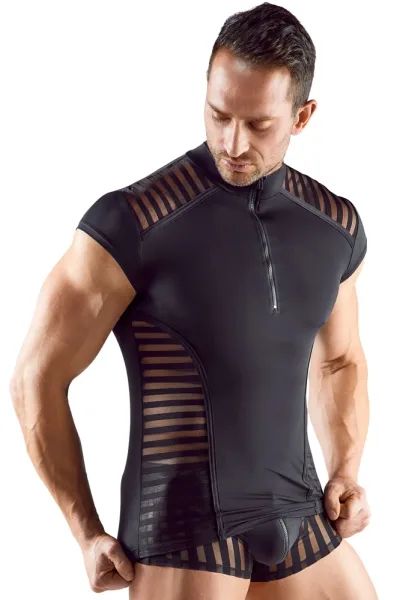 Svenjoyment Black Men's Microfibre Shirt with Sheer Stripes and Front Zip S/XL