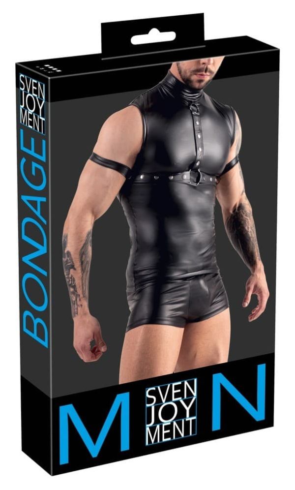 Svenjoyment BONDAGE Black Men's Top with Chest Harness and Arm Cuffs S/XL