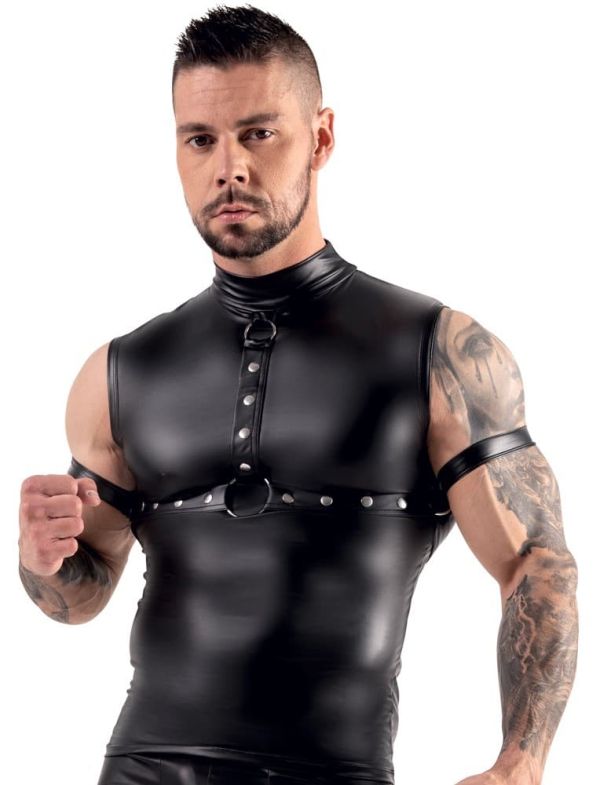 Svenjoyment BONDAGE Black Men's Top with Chest Harness and Arm Cuffs S/XL