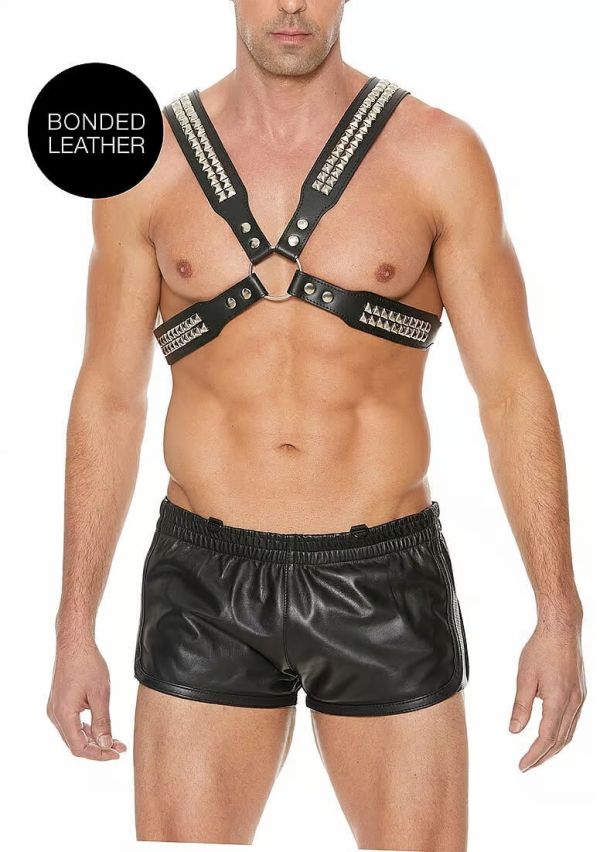 Ouch! Men's Pyramid Stud Black Bonded Leather BDSM Harness with O-Rings