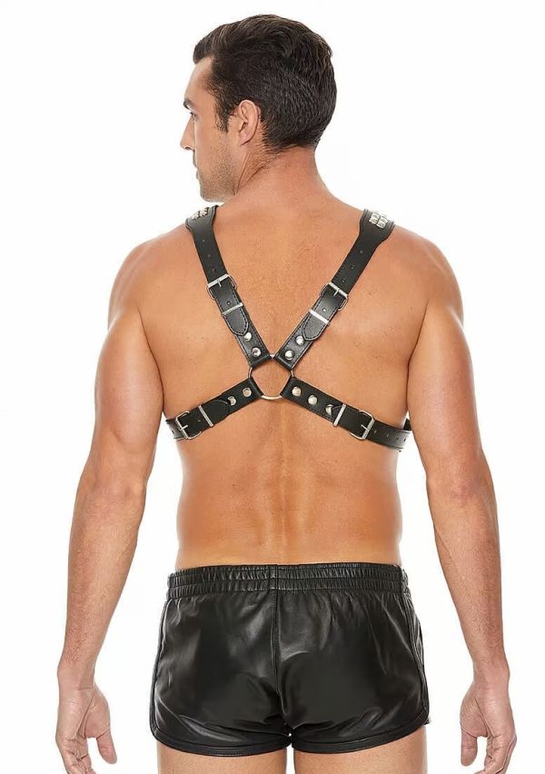 Ouch! Men's Pyramid Stud Black Bonded Leather BDSM Harness with O-Rings