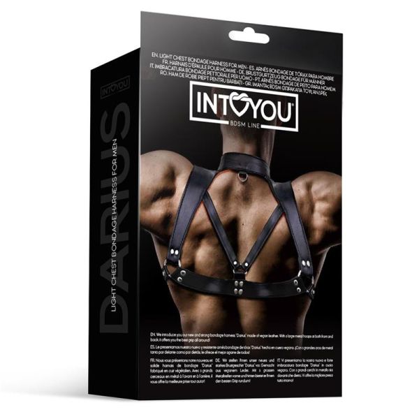 IntoYou BDSM Line Darius черен мъжки BDSM харнес от веган кожа с метални халки