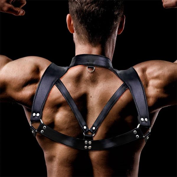 IntoYou BDSM Line Darius черен мъжки BDSM харнес от веган кожа с метални халки