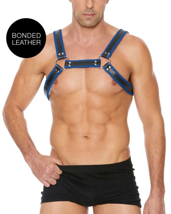 Ouch! Buckle Bulldog Blue Men's Bonded Leather BDSM Harness with Metal Rings