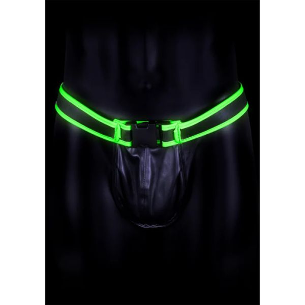 Ouch! Glow in the Dark Black Men's PU Leather Jockstrap with Neon Green Straps and Buckle S/XL