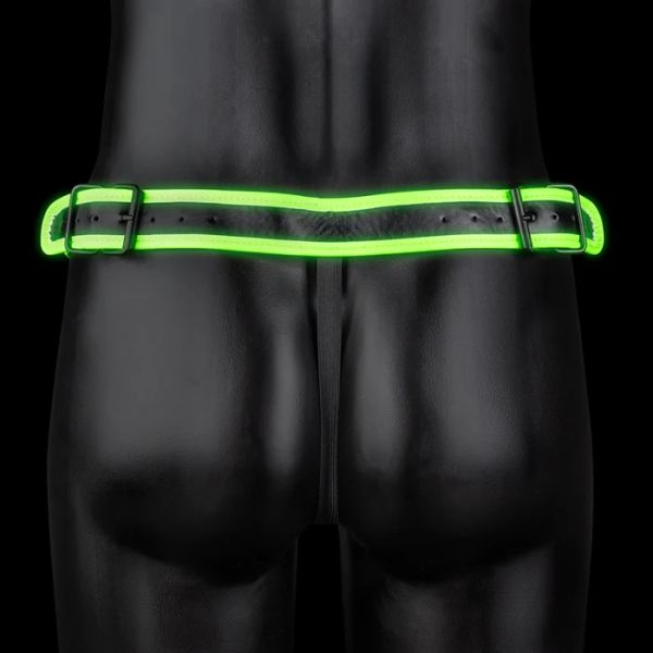 Ouch! Glow in the Dark Black Men's PU Leather Jockstrap with Neon Green Straps and Buckle S/XL
